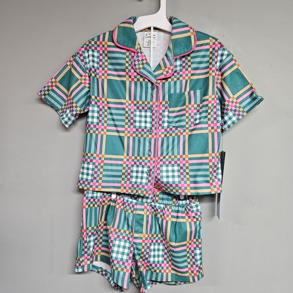 art class Other - Kids Girls Xs 4/5 Fleece Pajama Set Checkered- Green & Pink Short Sleeve Shorts